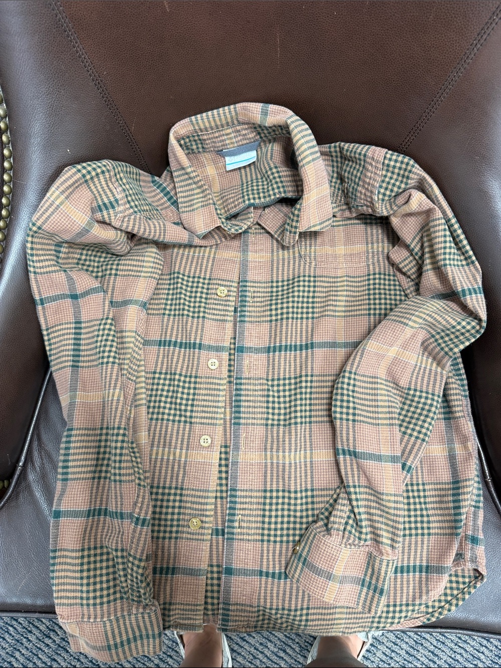Columbia Plaid Button-Down Shirt in Tan and Green